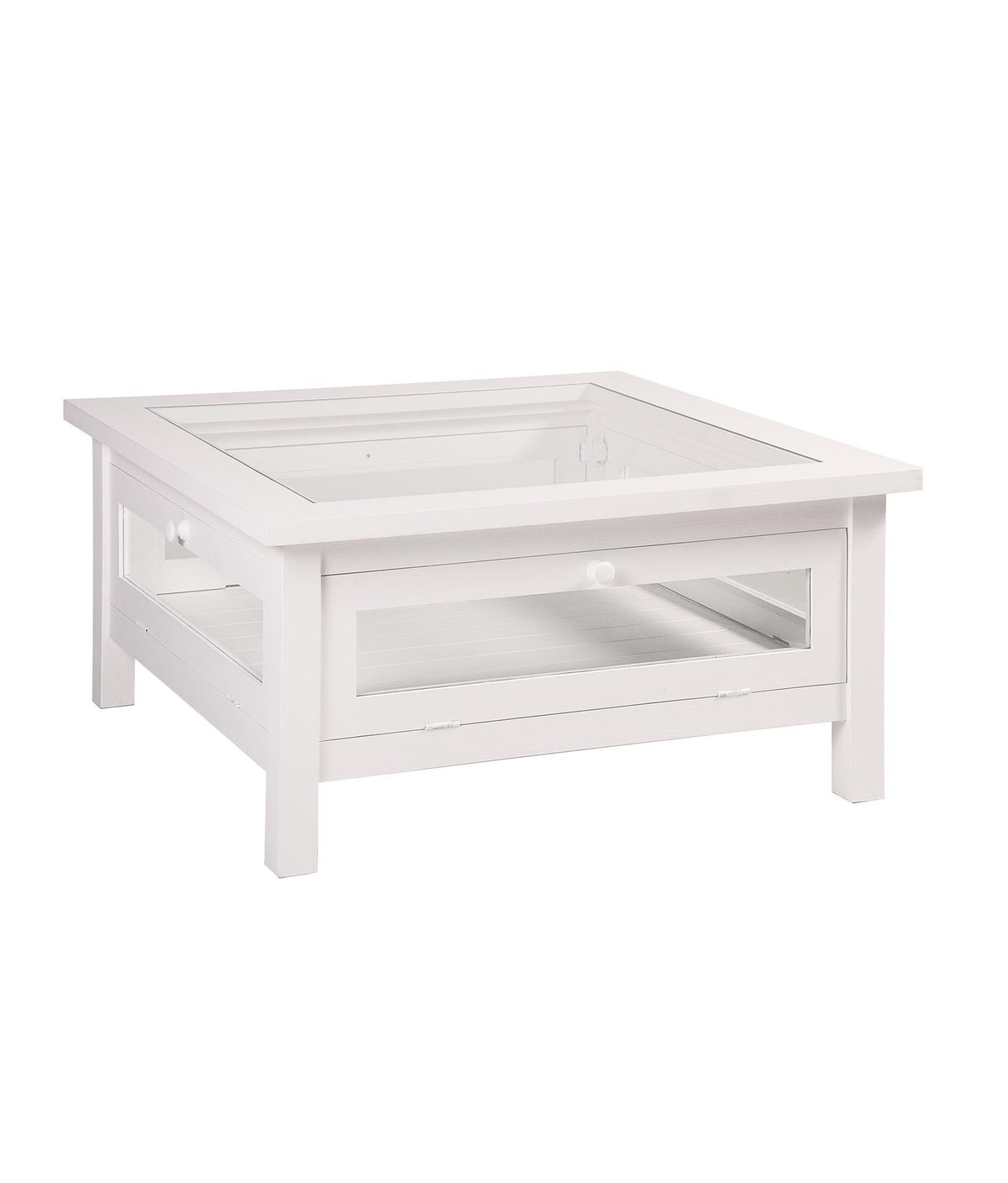 Table basse carrée vitrée D189, 90 × 90 × 45 cm, vue officielle 1. Autres meubles et décoration vendus séparément.