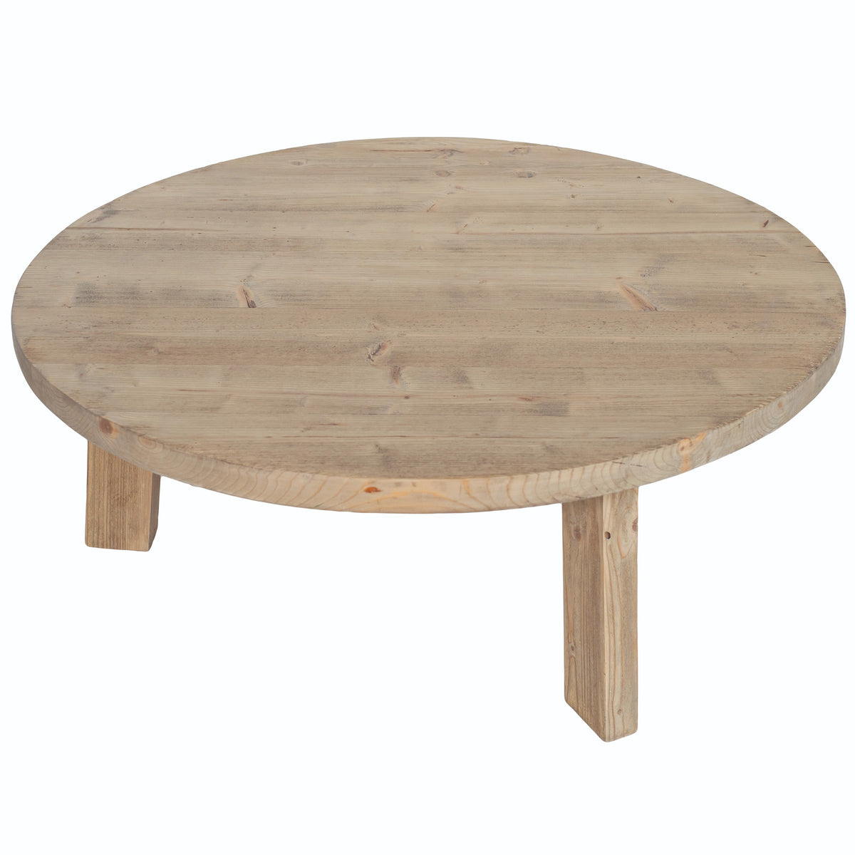 Table basse ronde Anatole en pin recyclé D873, 100 × 100 × 40 cm, vue officielle 4. Autres meubles et décoration vendus séparément.