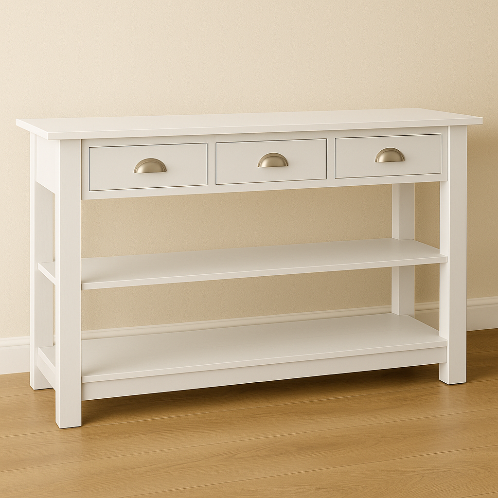 Console Camille, 3 tiroirs D244, 146 × 47 × 90 cm, vue officielle 5. Autres meubles et décoration vendus séparément.