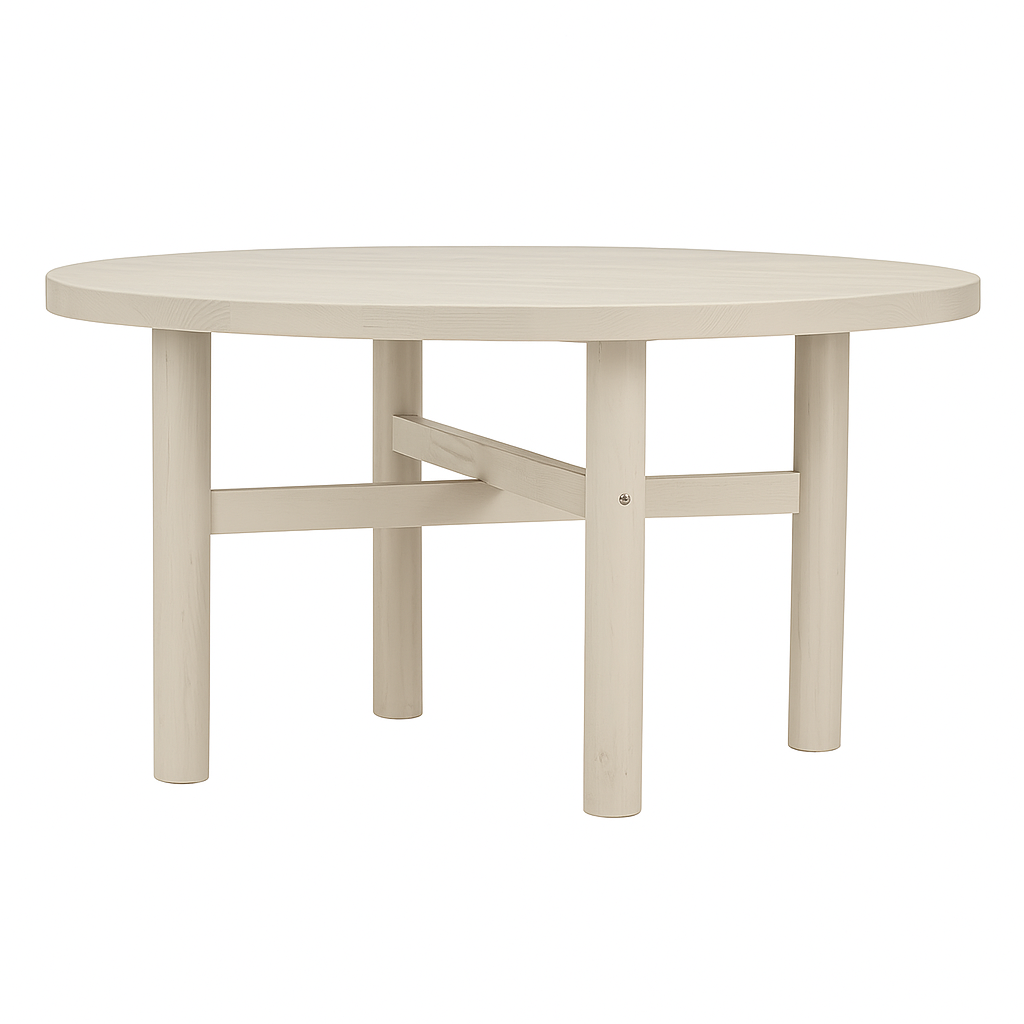 Table ronde en pin D919, 130 × 130 × 75 cm, vue officielle 4. Autres meubles et décoration vendus séparément.