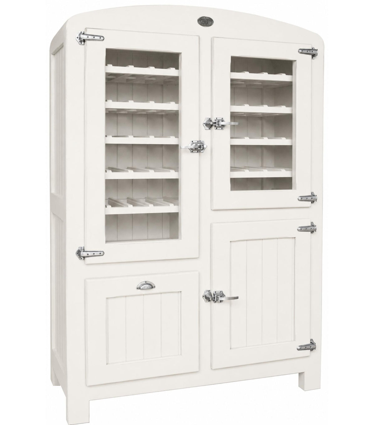 Photo officielle du meuble bar vitré Rosiris D548, présenté dans une finition blanche avec rangements pour bouteilles.