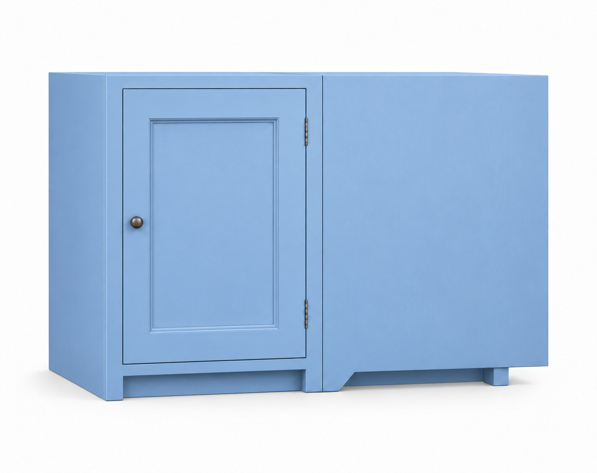 Meuble d’angle aveugle CR598 Rosiris en Bleu Danois, version droite : porte à gauche et partie aveugle à droite, dimensions 110 × 57 × 86 cm.