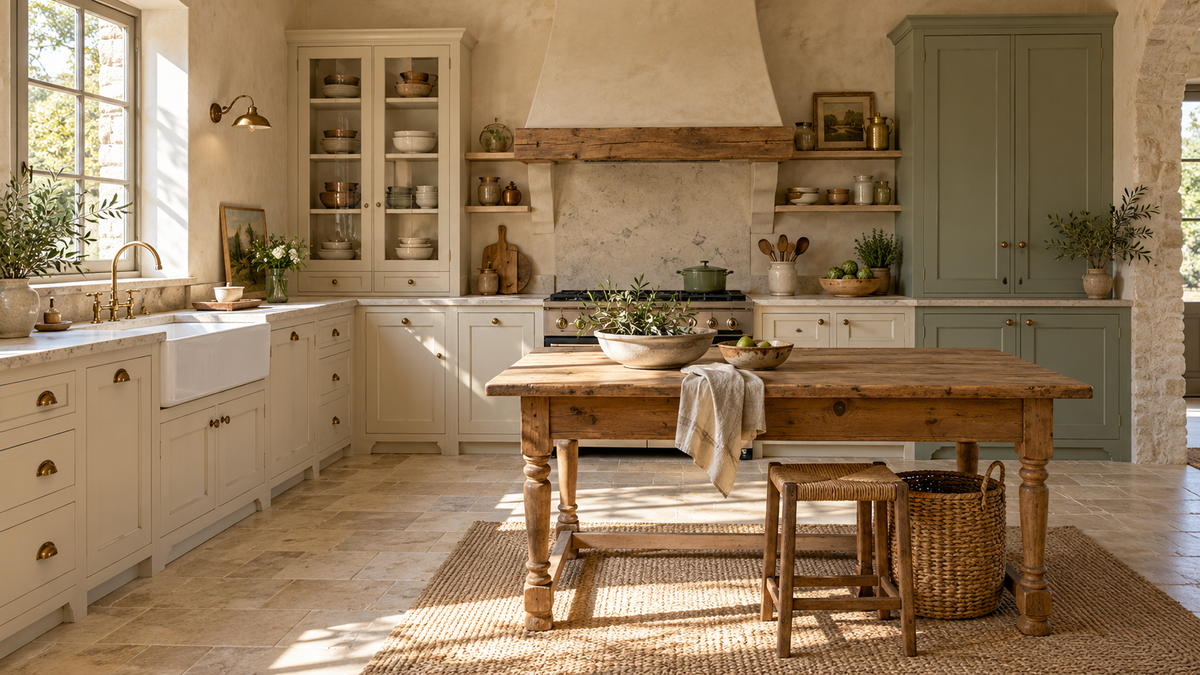 Ambiance de cuisine anglaise : meubles à panneaux ivoire et sauge, évier de ferme et grande table en bois sous une lumière chaleureuse.