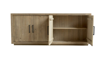Buffet Chicago en pin recyclé, 4 portes D781, 220 × 45 × 90 cm, vue officielle 2. Autres meubles et décoration vendus séparément.