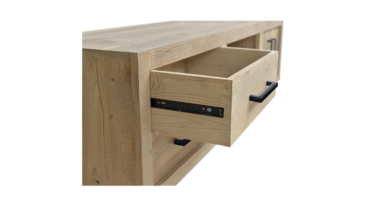 Meuble TV Chicago en pin recyclé D782, 180 × 45 × 50 cm, vue officielle 3. Autres meubles et décoration vendus séparément.
