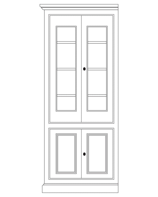Bibliothèque Madeleine D211G, module de gauche en pin, 4 portes dont 2 vitrées, vue de face.