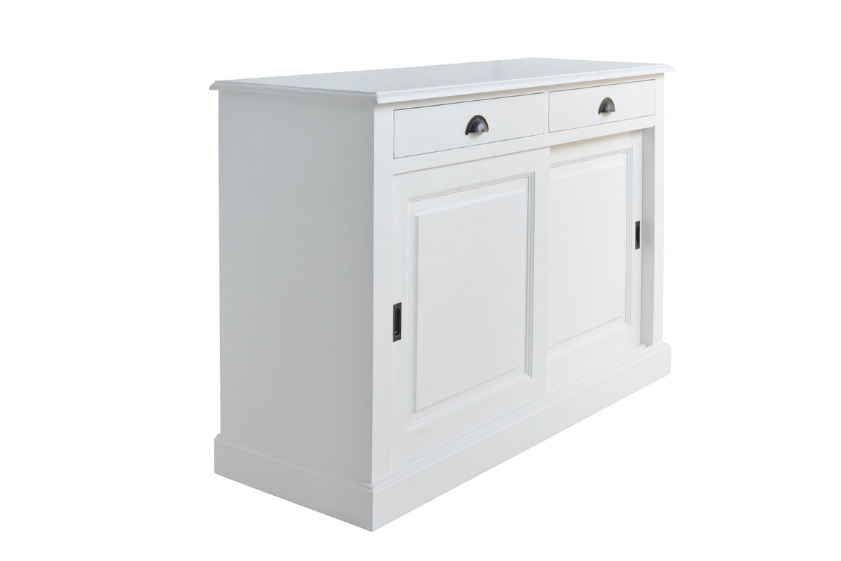 Buffet Ezane, 2 portes coulissantes et 2 tiroirs D215, 135 × 50 × 90 cm, vue officielle 2. Autres meubles et décoration vendus séparément.