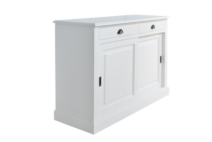 Buffet Ezane, 2 portes coulissantes et 2 tiroirs D215, 135 × 50 × 90 cm, vue officielle 2. Autres meubles et décoration vendus séparément.