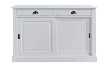 Buffet Ezane, 2 portes coulissantes et 2 tiroirs D215, 135 × 50 × 90 cm, vue officielle 1. Autres meubles et décoration vendus séparément.