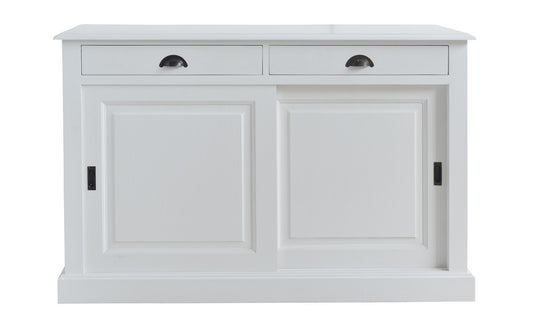 Buffet Ezane, 2 portes coulissantes et 2 tiroirs D215, 135 × 50 × 90 cm, vue officielle 1. Autres meubles et décoration vendus séparément.