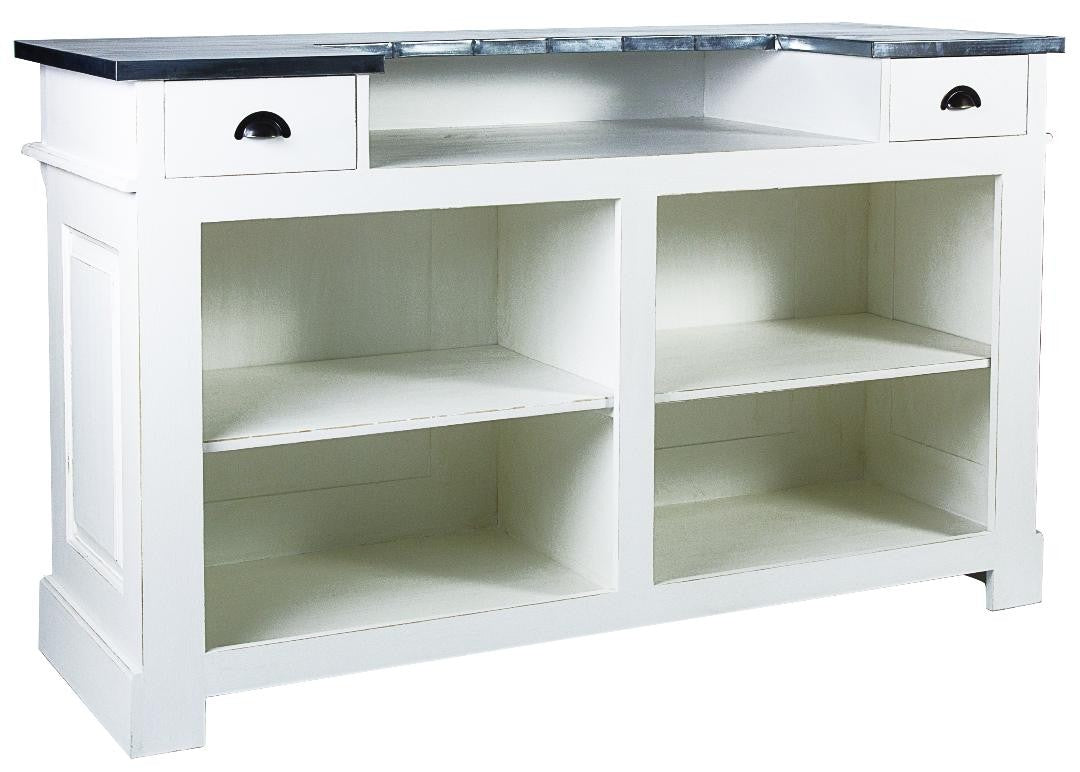 Bar Balthazar à plateau en zinc D121Z, 180 × 65 × 108 cm, vue officielle 2. Autres meubles et décoration vendus séparément.