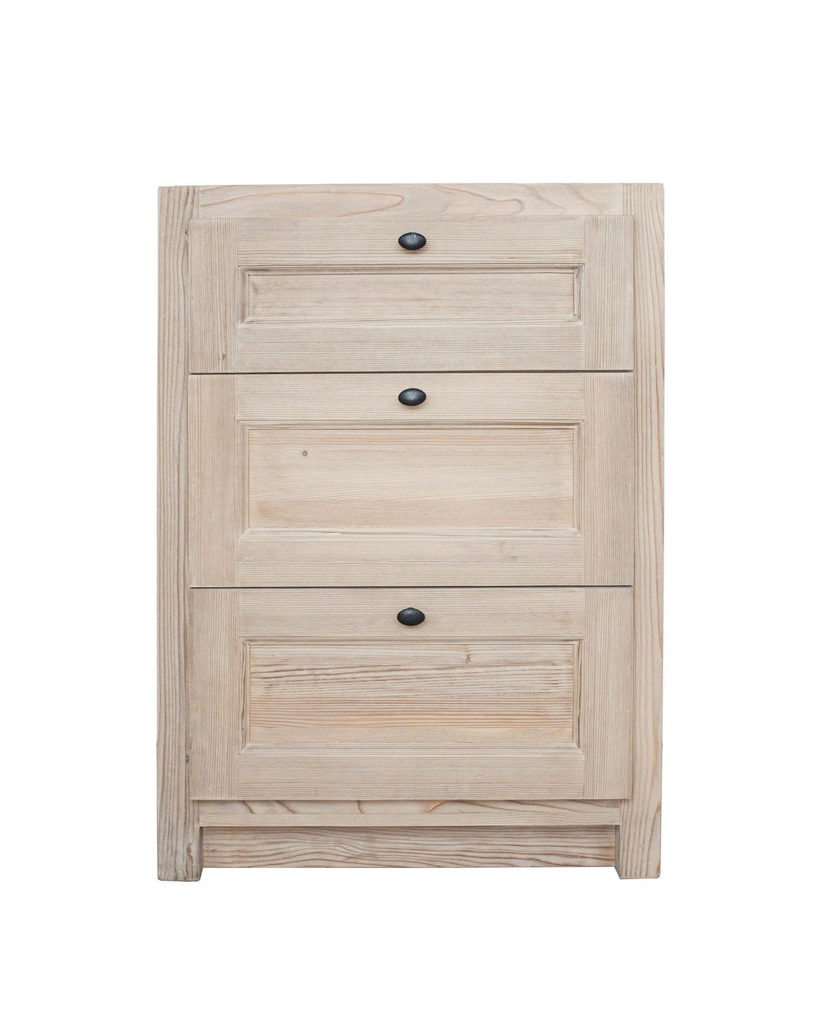 Meuble bas Rosiris C01 en pin, trois tiroirs coulissants, 60 cm de large, sans plan de travail.