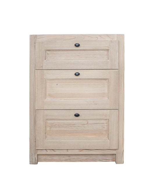 Meuble bas Rosiris C01 en pin, trois tiroirs coulissants, 60 cm de large, sans plan de travail.