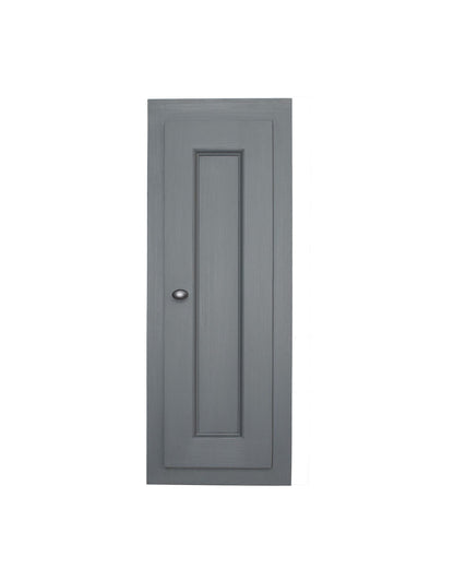 Meuble haut Rosiris C12 en pin, une porte pleine moulurée, 30 cm de large, vue de face dans une finition grise.