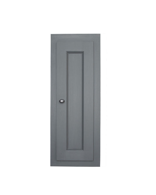 Meuble haut Rosiris C12 en pin, une porte pleine moulurée, 30 cm de large, vue de face dans une finition grise.
