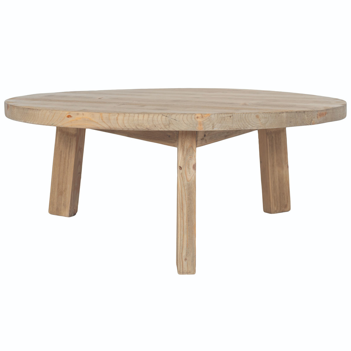 Table basse ronde Anatole en pin recyclé D873, 100 × 100 × 40 cm, vue officielle 2. Autres meubles et décoration vendus séparément.