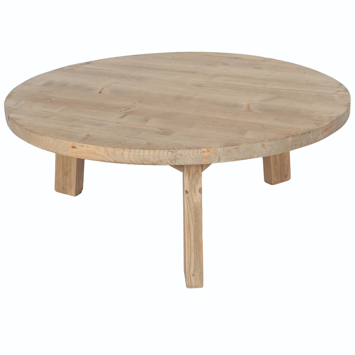 Table basse ronde Anatole en pin recyclé D873, 100 × 100 × 40 cm, vue officielle 3. Autres meubles et décoration vendus séparément.