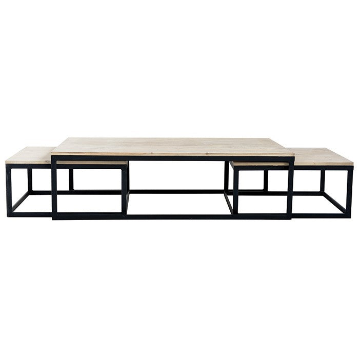 Ensemble de tables Loft en pin et métal D880, 140 × 70 × 40 cm, vue officielle 1. Autres meubles et décoration vendus séparément.