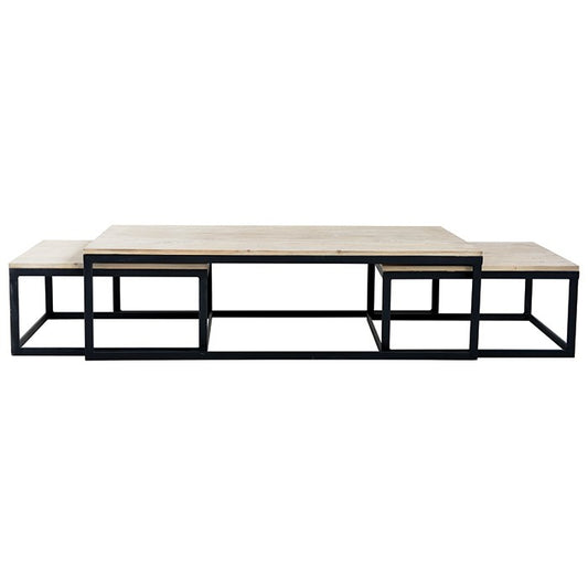 Ensemble de tables Loft en pin et métal D880, 140 × 70 × 40 cm, vue officielle 1. Autres meubles et décoration vendus séparément.