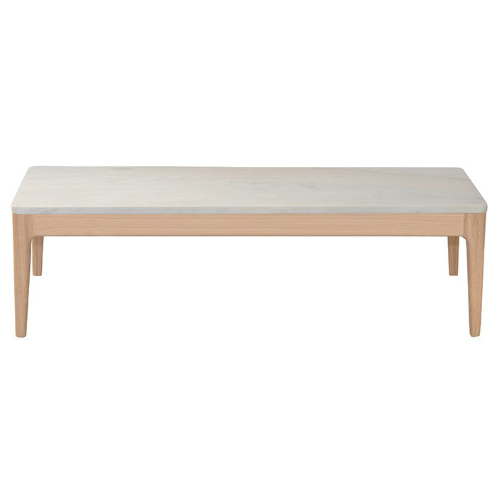 Table de canapé Ernest D905 en chêne et marbre, 130 × 34 × 32 cm, vue 2. Décoration vendue séparément.