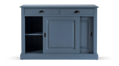 Buffet Ezane, 2 portes coulissantes et 2 tiroirs D215, 135 × 50 × 90 cm, vue officielle 3. Autres meubles et décoration vendus séparément.