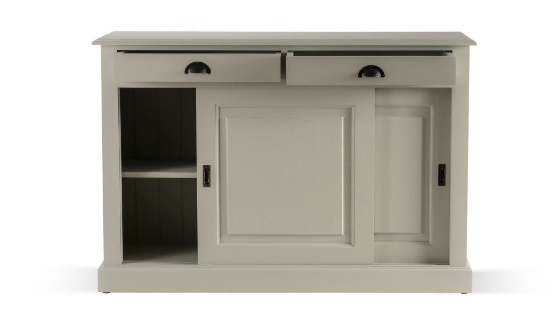 Buffet Ezane, 2 portes coulissantes et 2 tiroirs D215, 135 × 50 × 90 cm, vue officielle 7. Autres meubles et décoration vendus séparément.