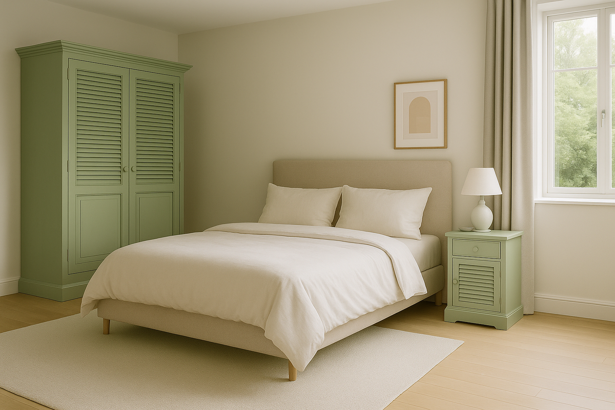 Armoire Solange Persienne, 2 portes D497, 120 × 50 × 190 cm, vue officielle 6. Autres meubles et décoration vendus séparément.