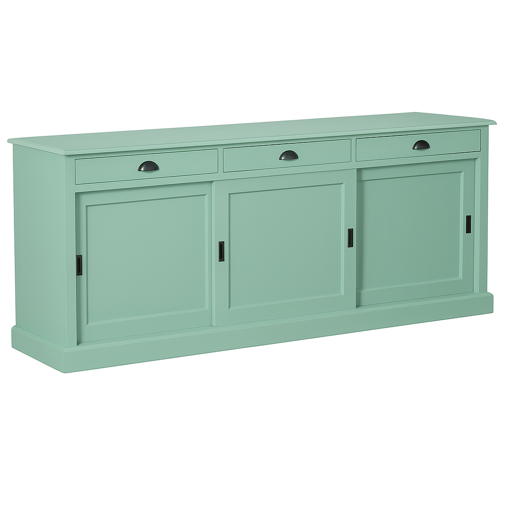 Buffet Ezane, 3 portes coulissantes et 3 tiroirs D220, 194 × 50 × 90 cm, vue officielle 2. Autres meubles et décoration vendus séparément.