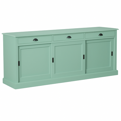Buffet Ezane, 3 portes coulissantes et 3 tiroirs D220, 194 × 50 × 90 cm, vue officielle 2. Autres meubles et décoration vendus séparément.