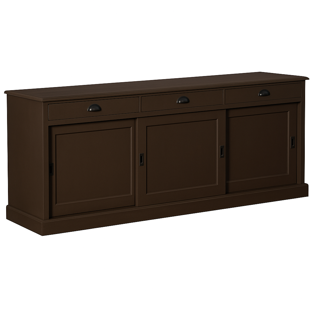 Buffet Ezane, 3 portes coulissantes et 3 tiroirs D220, 194 × 50 × 90 cm, vue officielle 3. Autres meubles et décoration vendus séparément.