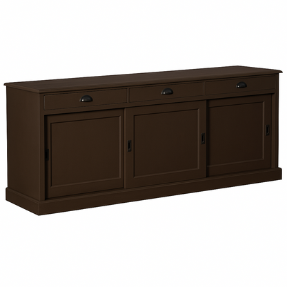 Buffet Ezane, 3 portes coulissantes et 3 tiroirs D220, 194 × 50 × 90 cm, vue officielle 3. Autres meubles et décoration vendus séparément.