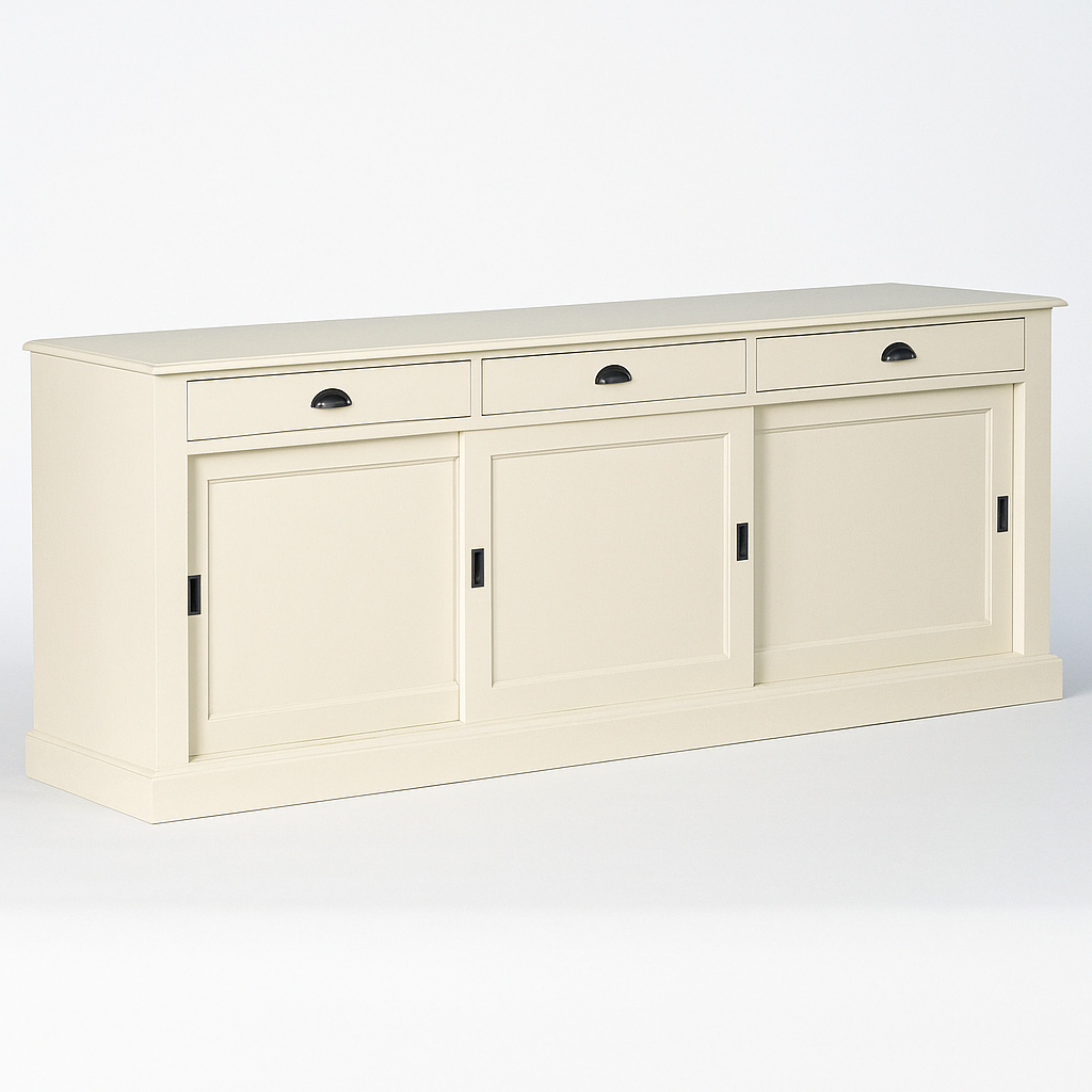 Buffet Ezane, 3 portes coulissantes et 3 tiroirs D220, 194 × 50 × 90 cm, vue officielle 4. Autres meubles et décoration vendus séparément.
