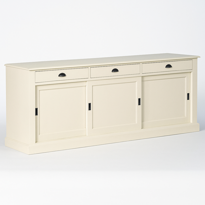 Buffet Ezane, 3 portes coulissantes et 3 tiroirs D220, 194 × 50 × 90 cm, vue officielle 4. Autres meubles et décoration vendus séparément.