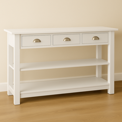 Console Camille, 3 tiroirs D244, 146 × 47 × 90 cm, vue officielle 5. Autres meubles et décoration vendus séparément.