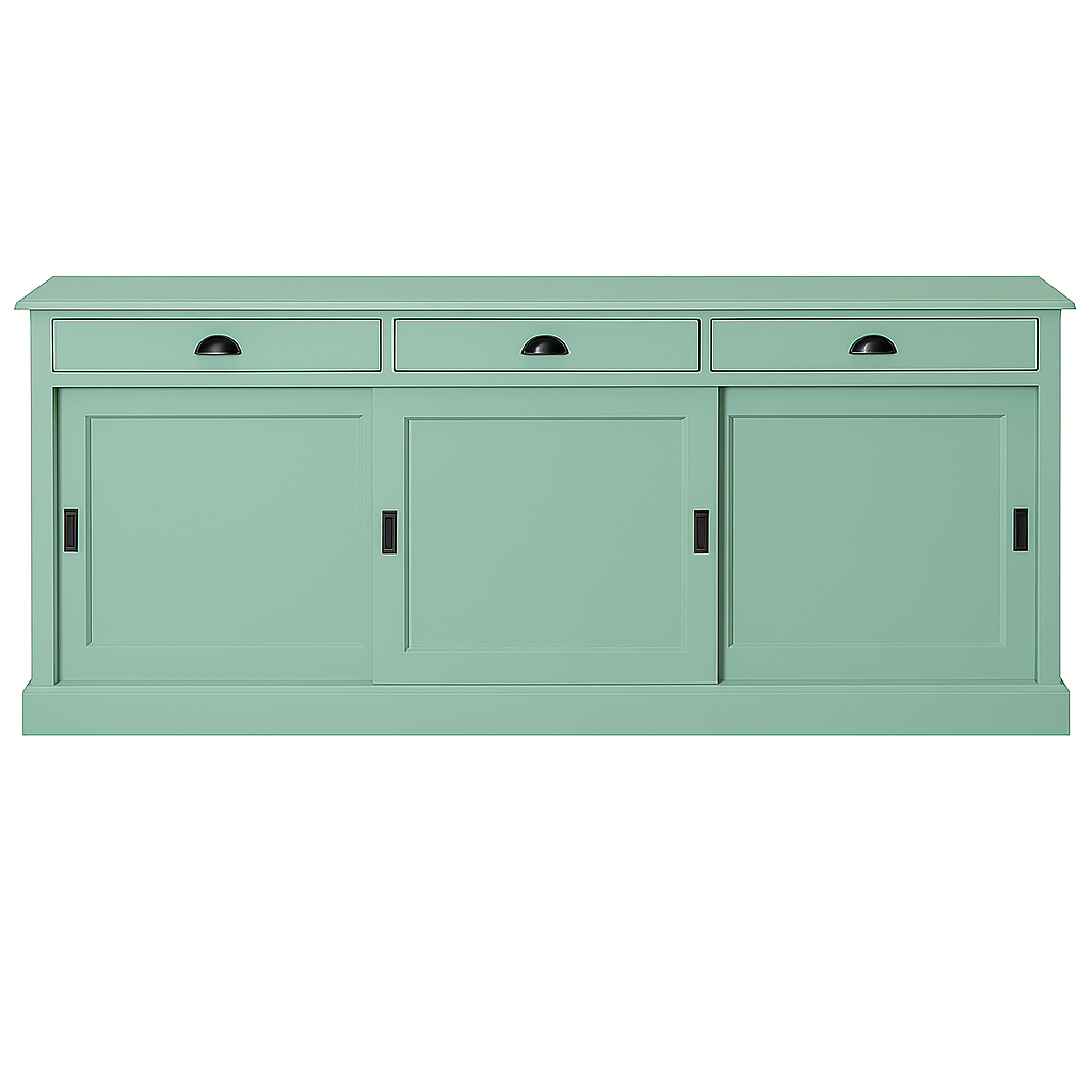 Buffet Ezane, 3 portes coulissantes et 3 tiroirs D220, 194 × 50 × 90 cm, vue officielle 1. Autres meubles et décoration vendus séparément.