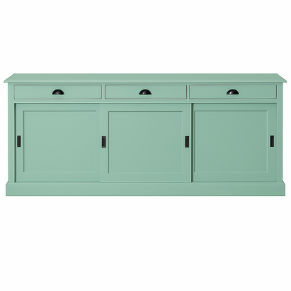 Buffet Ezane, 3 portes coulissantes et 3 tiroirs D220, 194 × 50 × 90 cm, vue officielle 1. Autres meubles et décoration vendus séparément.