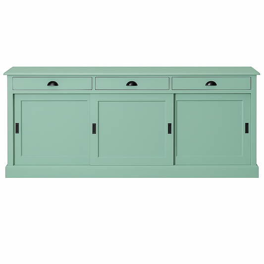 Buffet Ezane, 3 portes coulissantes et 3 tiroirs D220, 194 × 50 × 90 cm, vue officielle 1. Autres meubles et décoration vendus séparément.