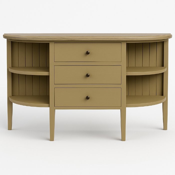 Console demi-lune Séraphine, 3 tiroirs D621, 130 × 35 × 78 cm, vue officielle 3. Autres meubles et décoration vendus séparément.
