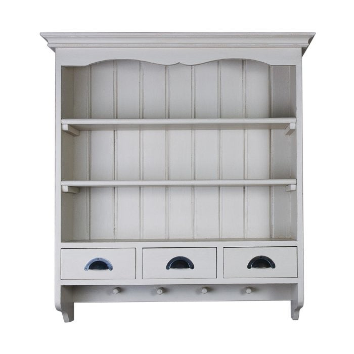 Vue 1 de l’étagère murale Rosiris D135 en pin, trois tiroirs, largeur 88 cm.