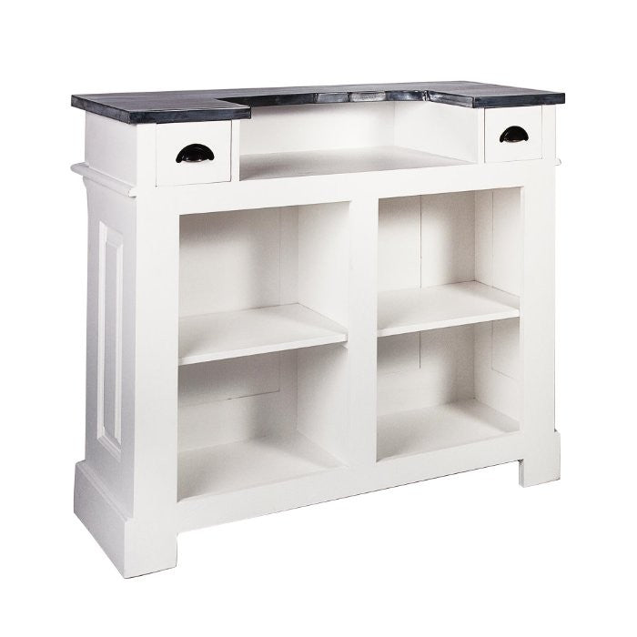 Petit bar Balthazar à plateau en zinc D154Z, 120 × 52 × 108 cm, vue officielle 2. Autres meubles et décoration vendus séparément.