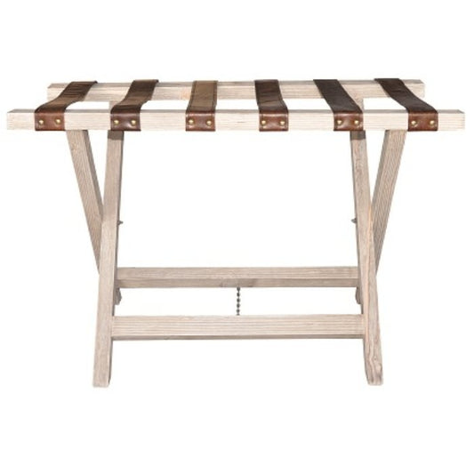 Porte-bagages en pin et cuir D823, 80 × 46 × 51 cm, vue officielle 1. Autres meubles et décoration vendus séparément.
