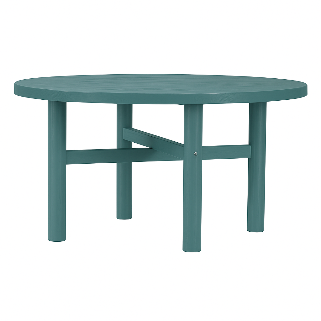 Table ronde en pin D919, 130 × 130 × 75 cm, vue officielle 1. Autres meubles et décoration vendus séparément.