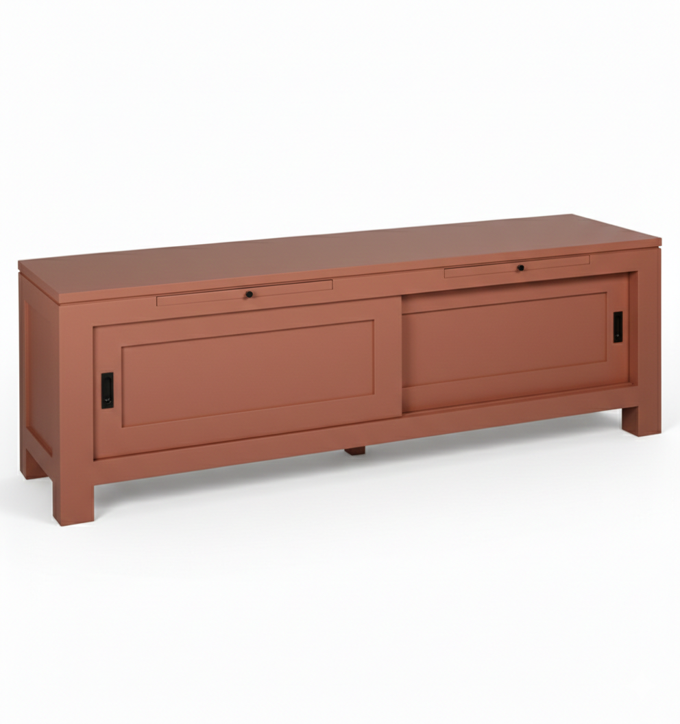 Meuble TV D566, 150 × 40 × 50 cm, vue officielle 3. Autres meubles et décoration vendus séparément.
