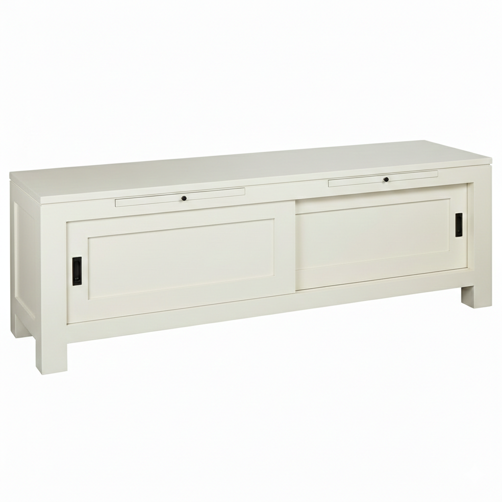 Meuble TV D566, 150 × 40 × 50 cm, vue officielle 6. Autres meubles et décoration vendus séparément.