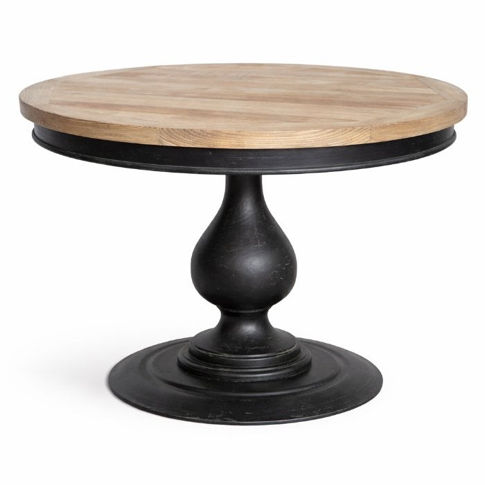 Table ronde Toscana en pin et métal D725, 130 × 130 × 78 cm, vue officielle 1. Autres meubles et décoration vendus séparément.