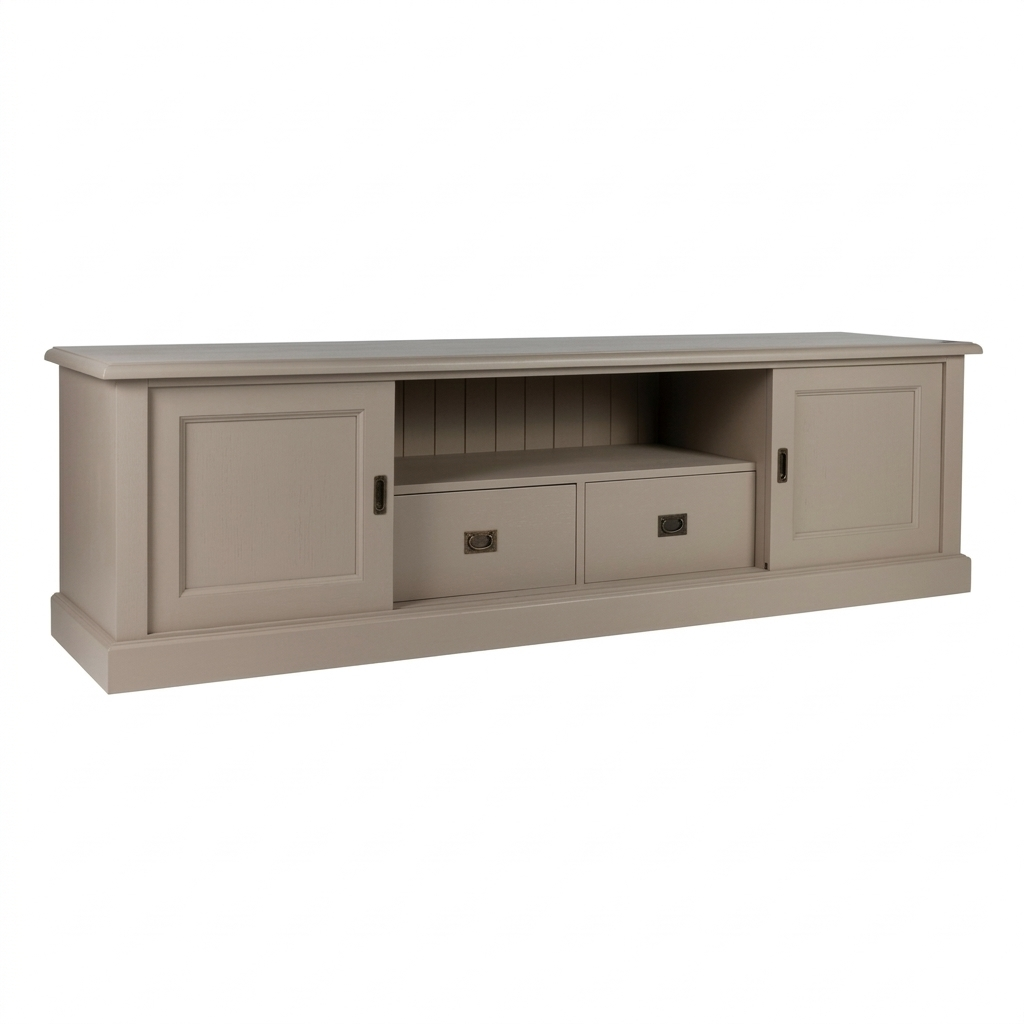 Meuble TV, 2 portes et 2 tiroirs D597INF, 214 × 53 × 62 cm, vue officielle 1. Autres meubles et décoration vendus séparément.