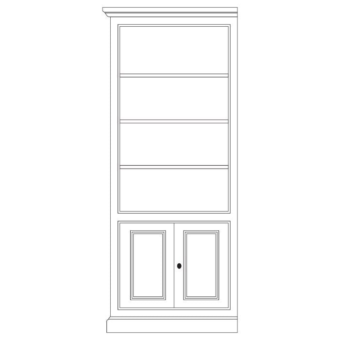 Module Madeleine D197G gauche, étagères ouvertes et deux portes en partie basse, dessin de face.