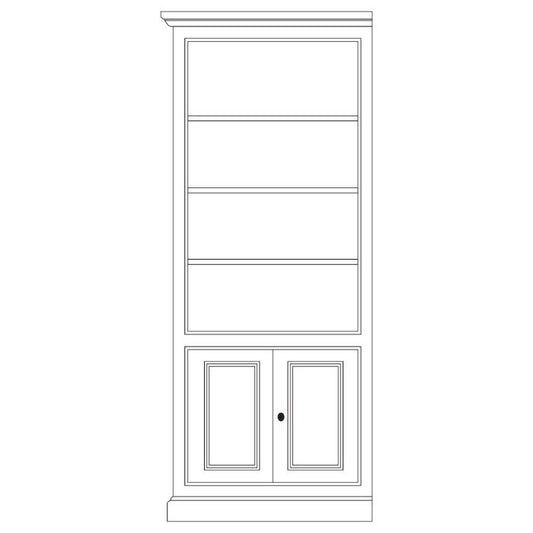 Module Madeleine D197G gauche, étagères ouvertes et deux portes en partie basse, dessin de face.