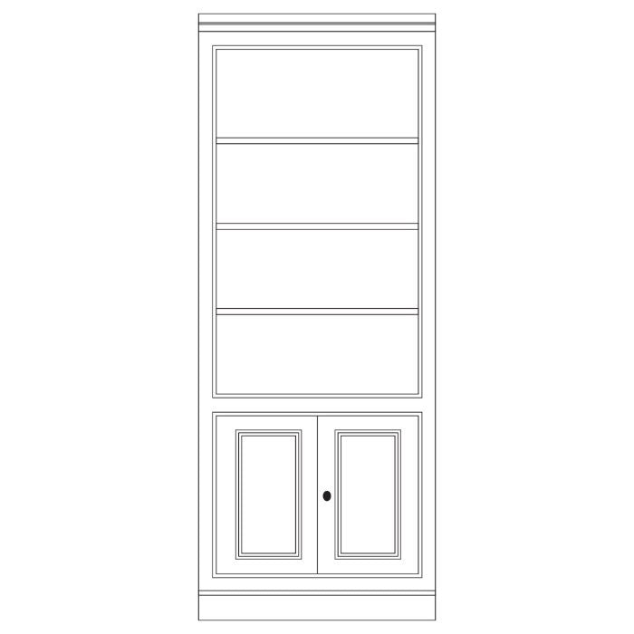 Module Madeleine D197M milieu, étagères ouvertes et deux portes en partie basse, dessin de face.