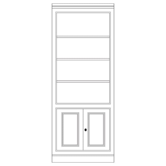 Module Madeleine D197M milieu, étagères ouvertes et deux portes en partie basse, dessin de face.